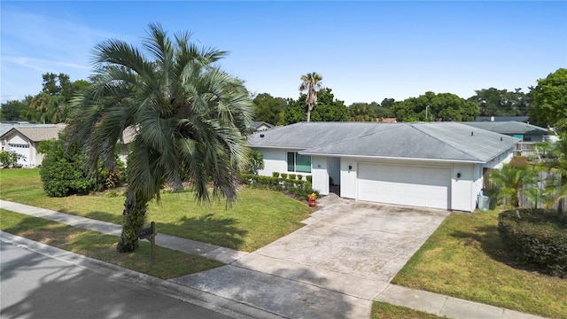 ranch-style house featuring a garage and a front lawn