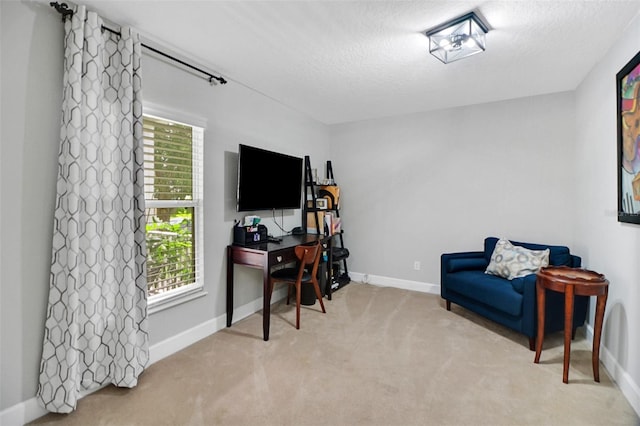 carpeted office featuring a textured ceiling