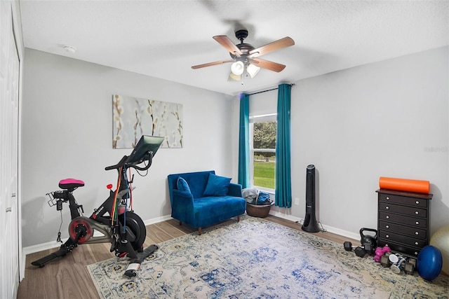 workout room with ceiling fan and light wood-type flooring