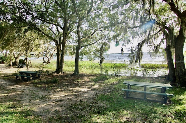 view of community with a water view