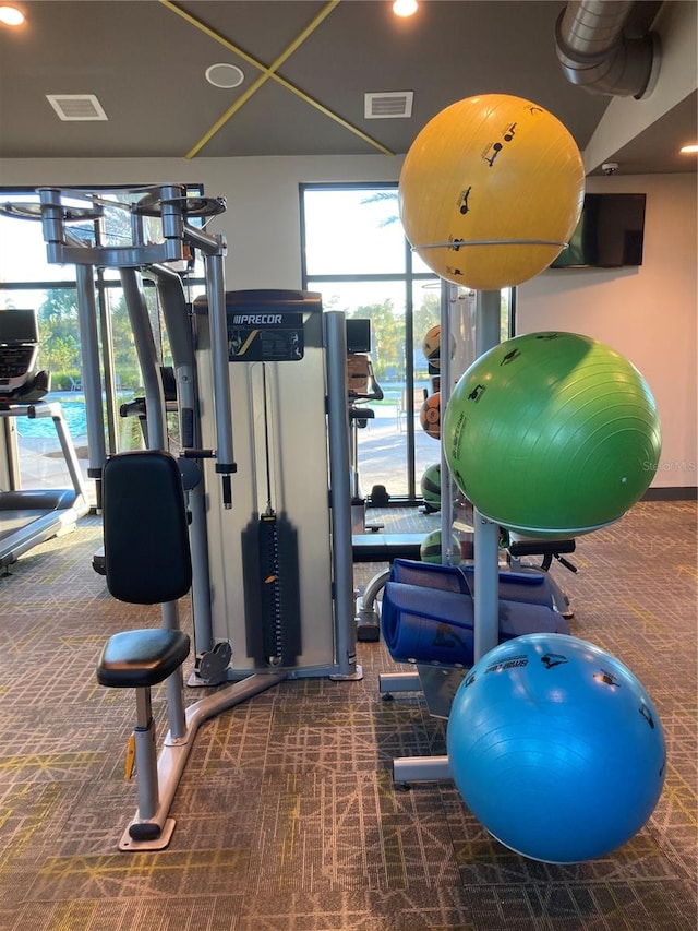 exercise room featuring dark colored carpet