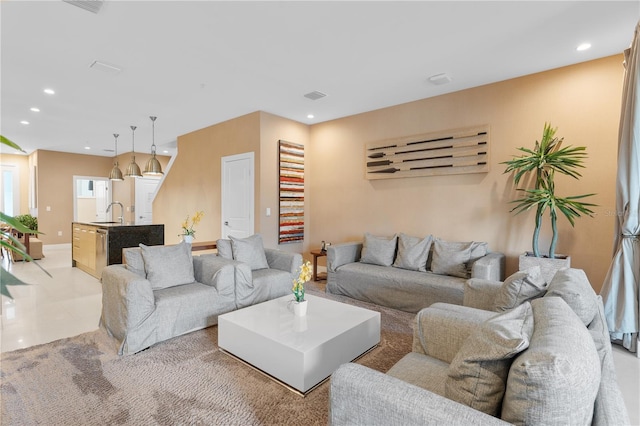 tiled living room with sink