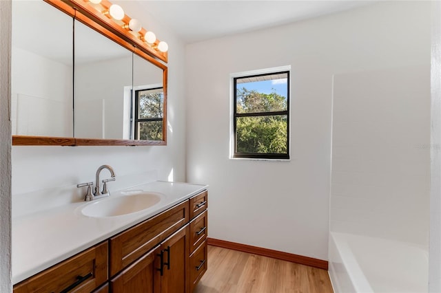 bathroom with vanity and hardwood / wood-style flooring