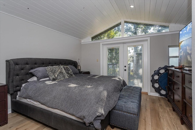 bedroom with wooden ceiling, light hardwood / wood-style flooring, french doors, and access to exterior