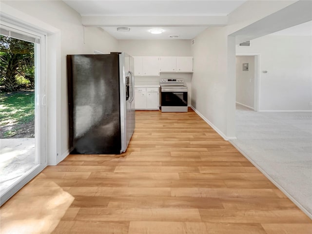 kitchen featuring white cabinets, electric range oven, beamed ceiling, light wood-type flooring, and stainless steel refrigerator with ice dispenser