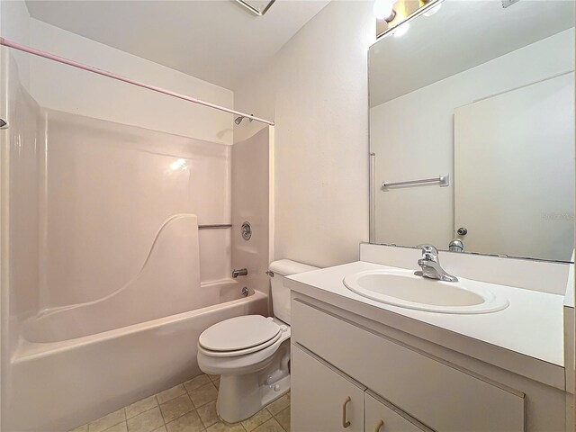 full bathroom with bathing tub / shower combination, vanity, toilet, and tile patterned floors