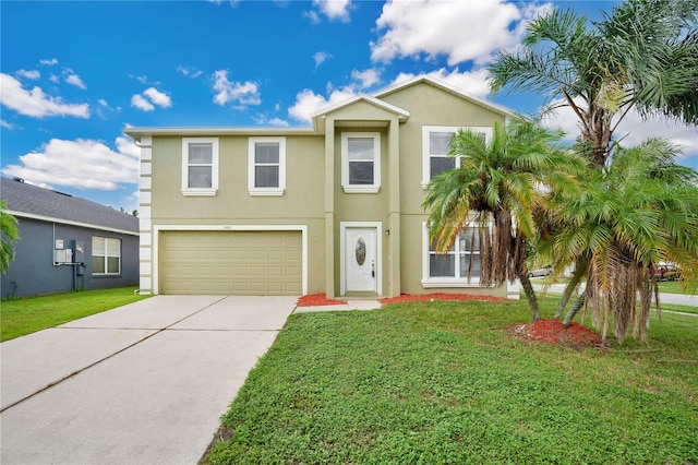 view of front of property featuring a garage and a front lawn