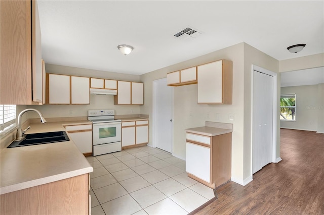 kitchen with sink, white electric range, and light hardwood / wood-style flooring