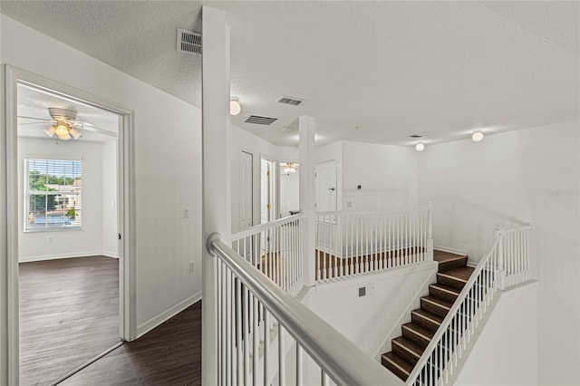 hall featuring a textured ceiling and dark hardwood / wood-style flooring