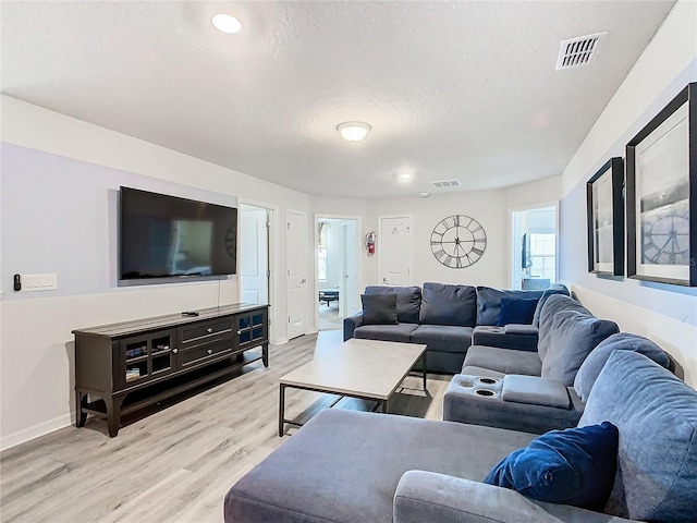 living room with a textured ceiling and light hardwood / wood-style floors