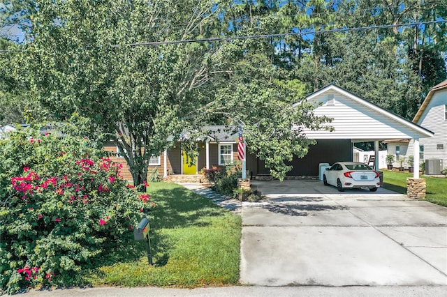 view of property hidden behind natural elements featuring a front lawn, central air condition unit, and a carport