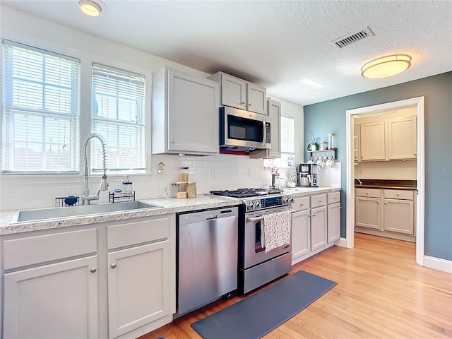 kitchen featuring sink, a textured ceiling, light wood-type flooring, appliances with stainless steel finishes, and decorative backsplash