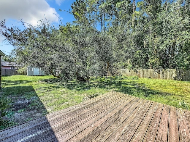 wooden terrace with a yard and a storage unit