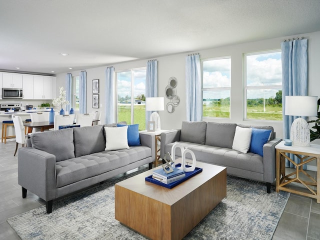 living room with light tile patterned floors