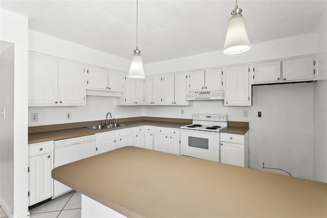 kitchen with hanging light fixtures, white cabinetry, white appliances, ventilation hood, and sink