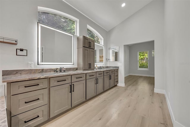 bathroom with high vaulted ceiling, a wealth of natural light, hardwood / wood-style flooring, and vanity