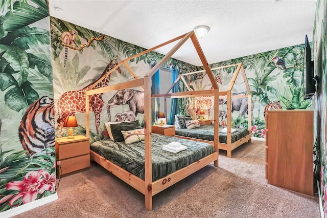 carpeted bedroom with a textured ceiling