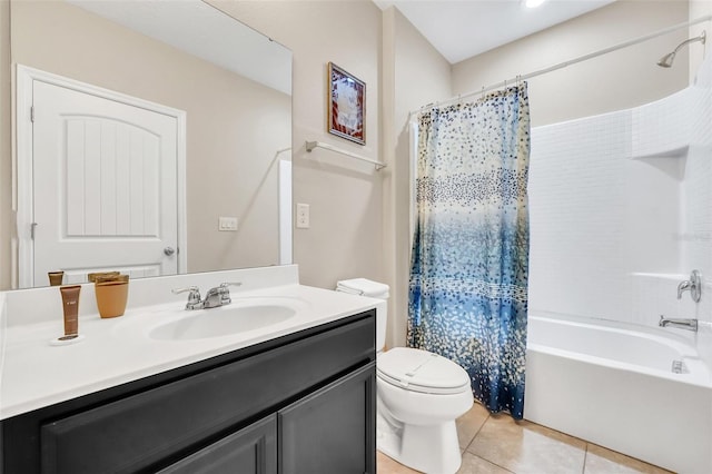 full bathroom featuring shower / tub combo, tile patterned flooring, vanity, and toilet