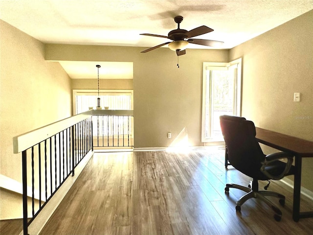 unfurnished office with ceiling fan, a textured ceiling, and wood-type flooring