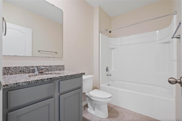 full bathroom featuring tile patterned flooring, bathing tub / shower combination, vanity, and toilet