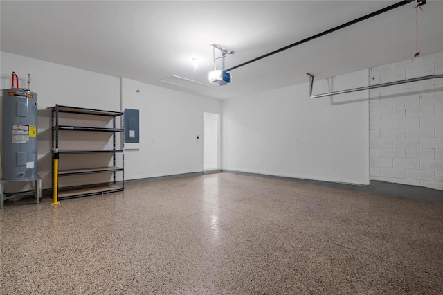 garage with a garage door opener, water heater, and electric panel