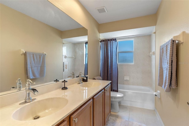 full bathroom with tile patterned floors, vanity, shower / bath combination with curtain, and toilet