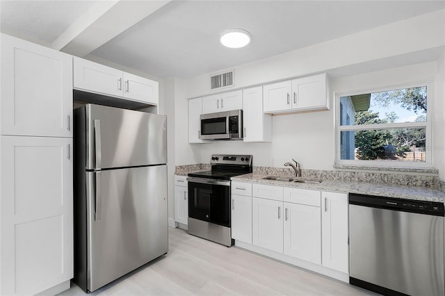 kitchen with sink, light stone countertops, appliances with stainless steel finishes, and white cabinetry