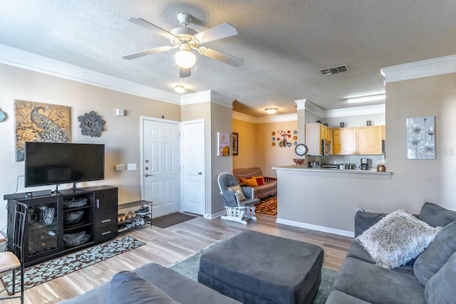 living room with ceiling fan, a textured ceiling, light wood-type flooring, and crown molding