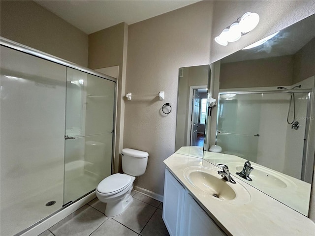 bathroom with walk in shower, vanity, toilet, and tile patterned floors