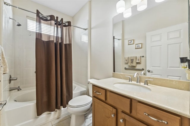 full bathroom with vanity, tile patterned flooring, toilet, and shower / tub combo with curtain