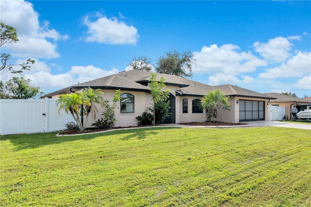 single story home featuring a front yard and a garage