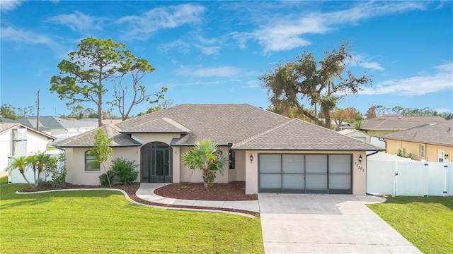 ranch-style house with a garage and a front lawn