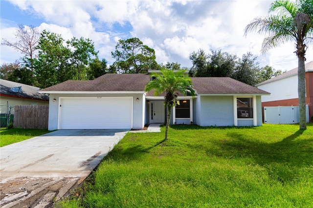 ranch-style home with a front lawn and a garage