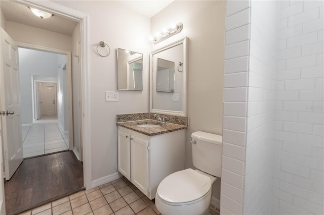 bathroom with vanity, toilet, and wood-type flooring