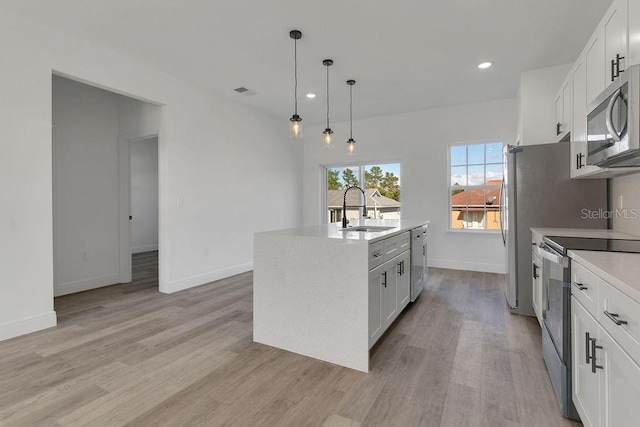 kitchen featuring white cabinets, sink, a center island with sink, and stainless steel appliances