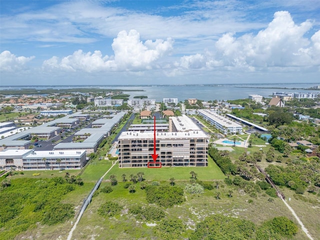 drone / aerial view with a water view