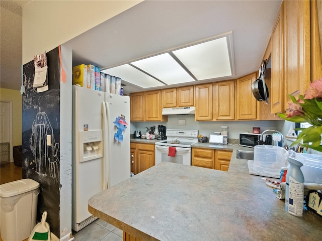 kitchen featuring white appliances, sink, and kitchen peninsula