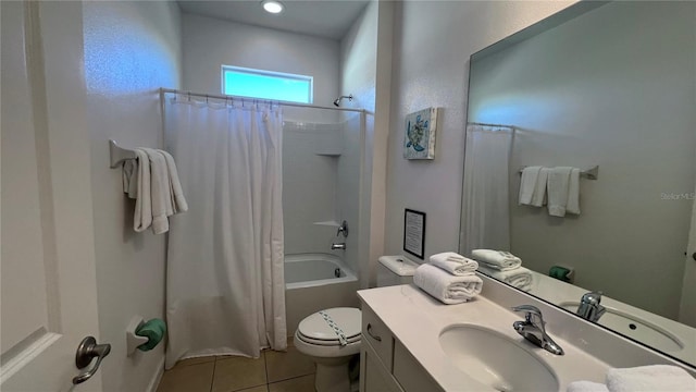 full bathroom with toilet, tile patterned flooring, shower / bath combo, and vanity