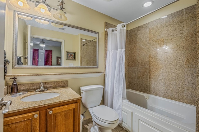 full bathroom with ceiling fan, shower / bath combo with shower curtain, vanity, and toilet