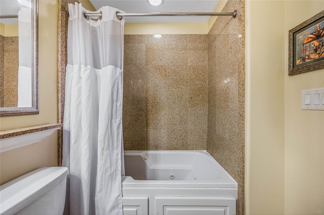 bathroom with toilet and shower / bath combination with curtain