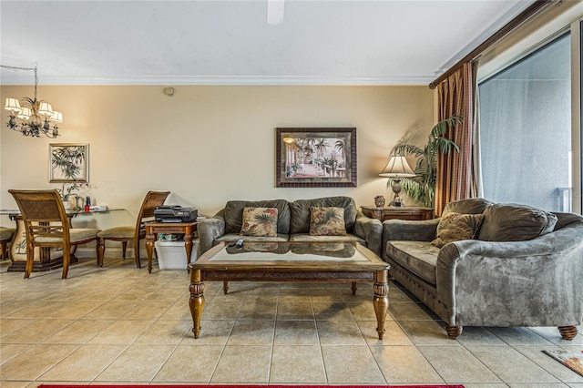 tiled living room with ornamental molding and a chandelier