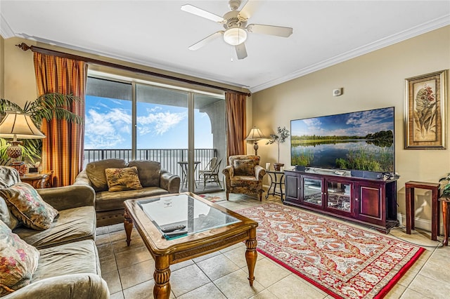 tiled living room featuring ornamental molding and ceiling fan