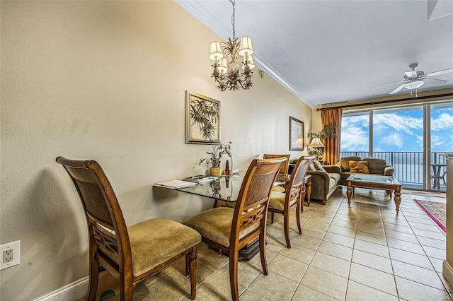 tiled dining room featuring ceiling fan with notable chandelier and crown molding