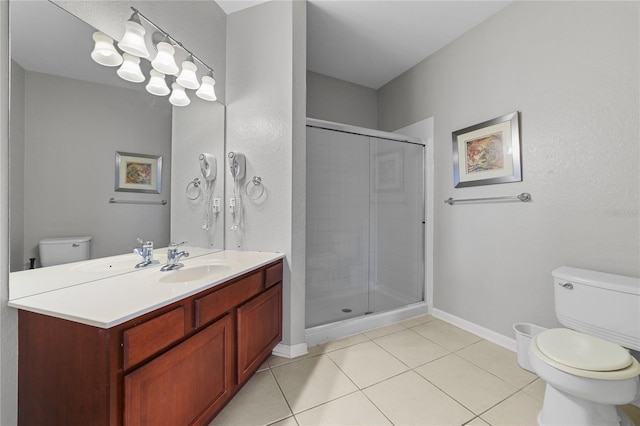 bathroom with vanity, tile patterned flooring, toilet, and an enclosed shower