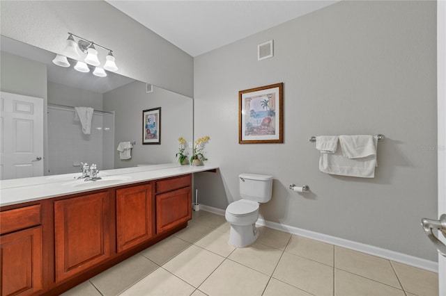 bathroom featuring vanity, a shower, toilet, and tile patterned floors