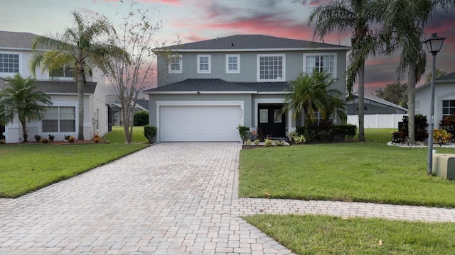 view of front of home featuring a yard and a garage