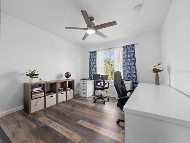 office space with ceiling fan and dark wood-type flooring