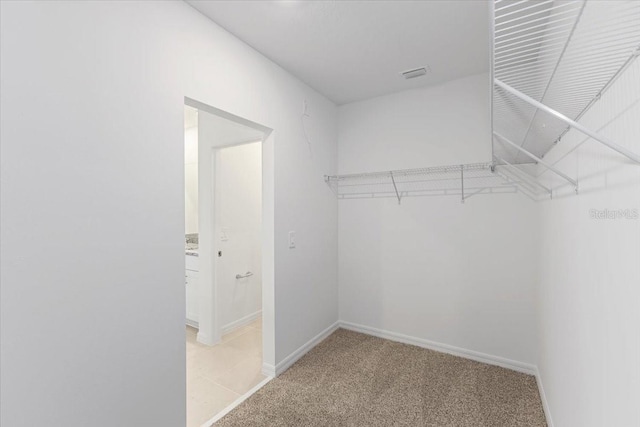 spacious closet featuring light colored carpet