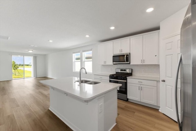 kitchen featuring appliances with stainless steel finishes, white cabinetry, a kitchen island with sink, and sink