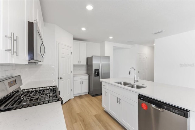 kitchen featuring backsplash, white cabinetry, sink, and stainless steel appliances